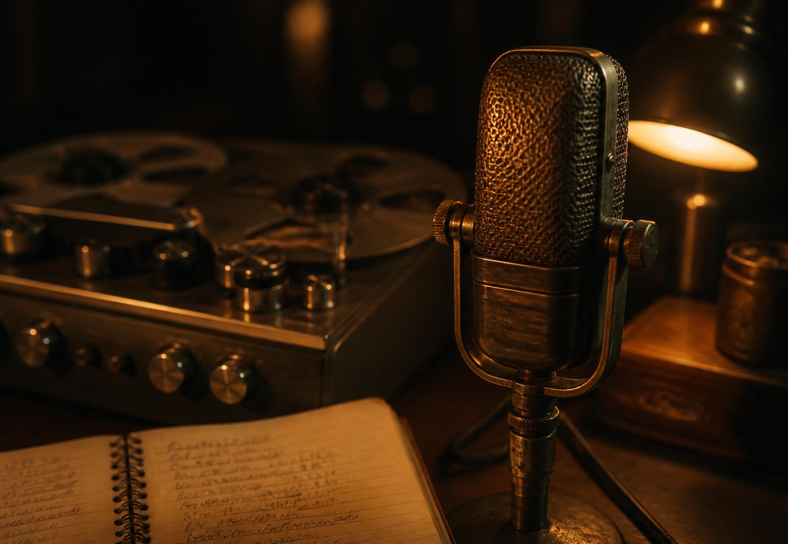 Vintage ribbon microphone beside a tape machine and an open lyric notebook
